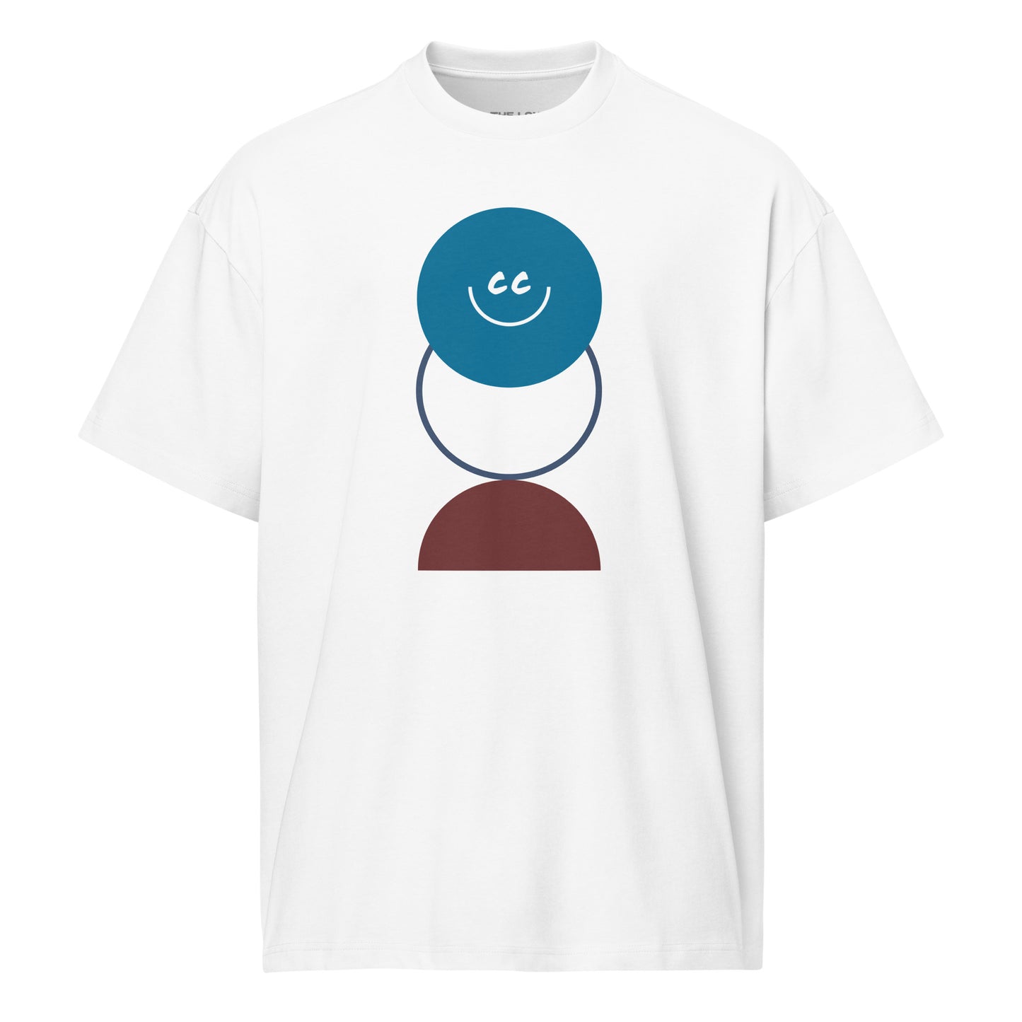 Award Season white oversized t-shirt featuring a trophy-inspired geometric design with the CC smile at the top.