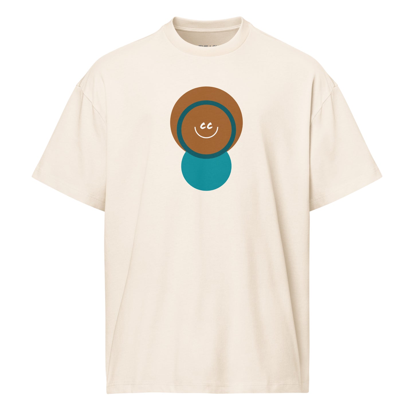 Childlike Wonder vintage white oversized t-shirt featuring a childlike character with a large head and the CC smile inside.