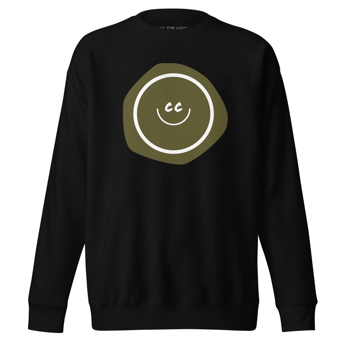 Grouchy Green premium black sweatshirt featuring an earthy green imperfect shape behind the CC smile.