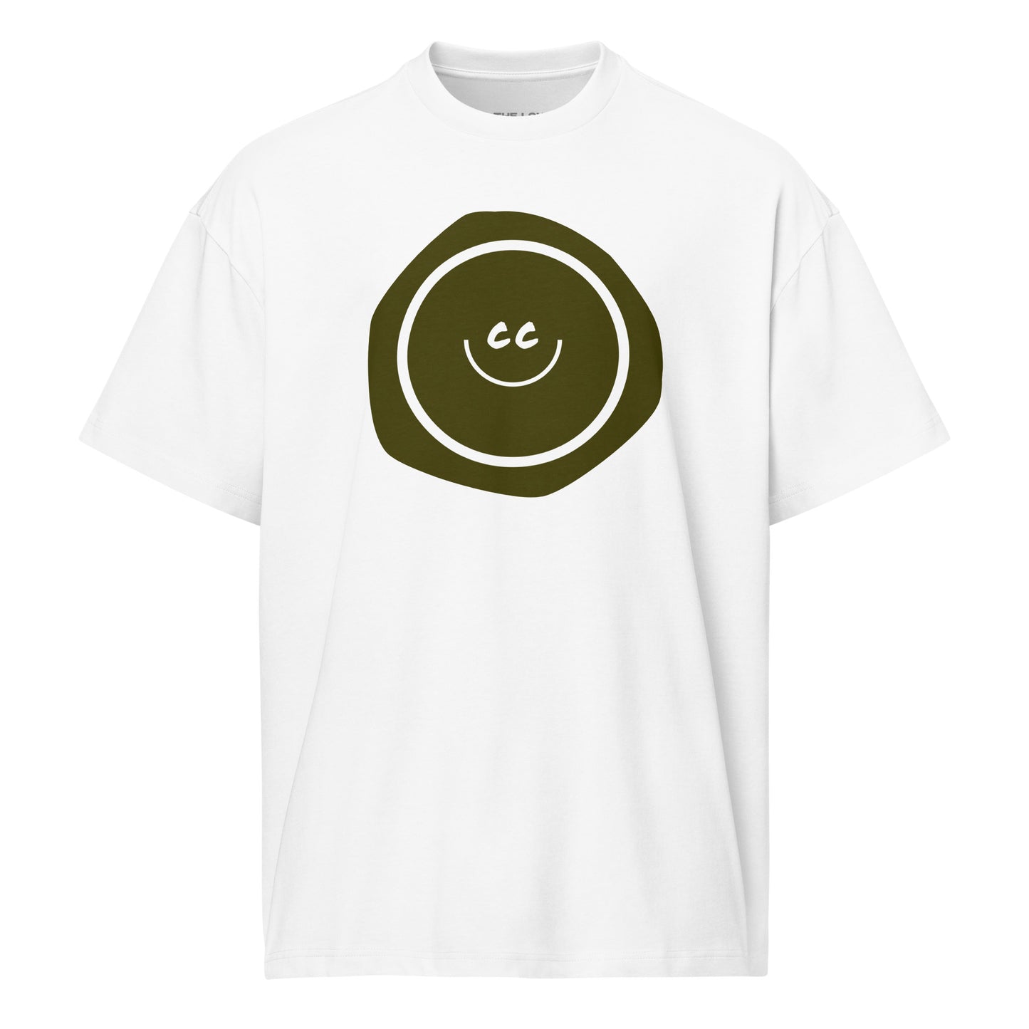 Grouchy Green oversized tee in white, featuring an earthy green imperfect shape behind the CC smile.