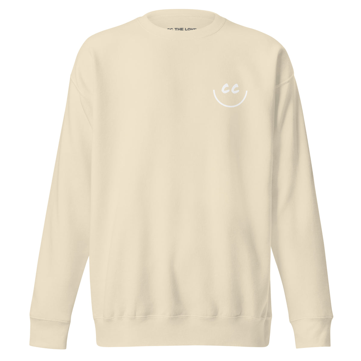 Less Obvious bone sweatshirt with a minimalist CC smile design located on the left chest pocket area.
