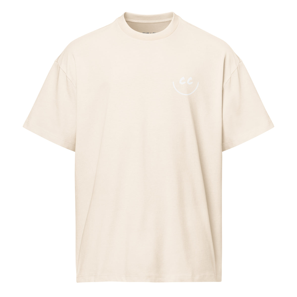 Less Obvious vintage white relaxed t-shirt with a minimalist CC smile design located on the left chest pocket area.