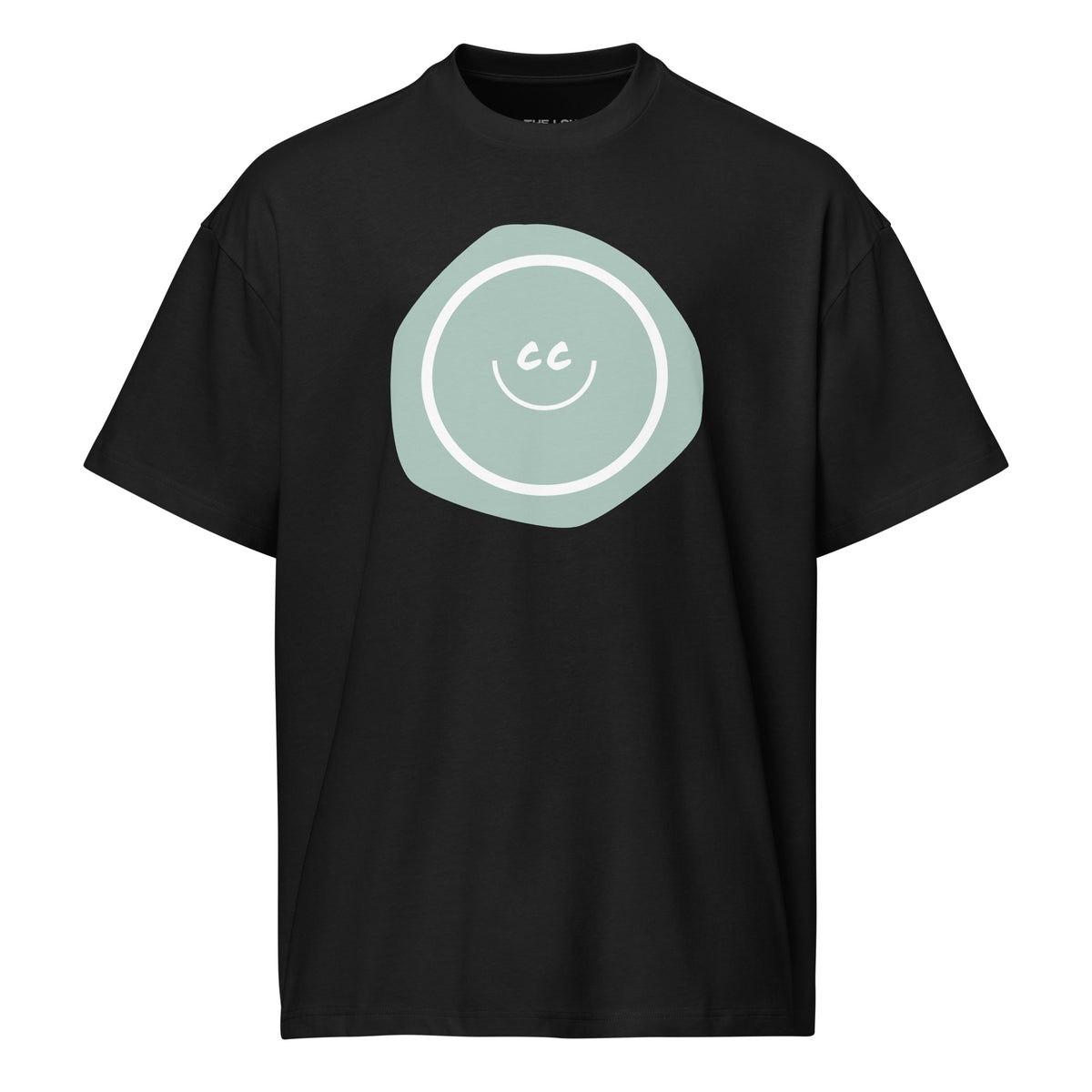 Noble Opal tee in black, featuring an opal imperfect shape behind the CC smile.