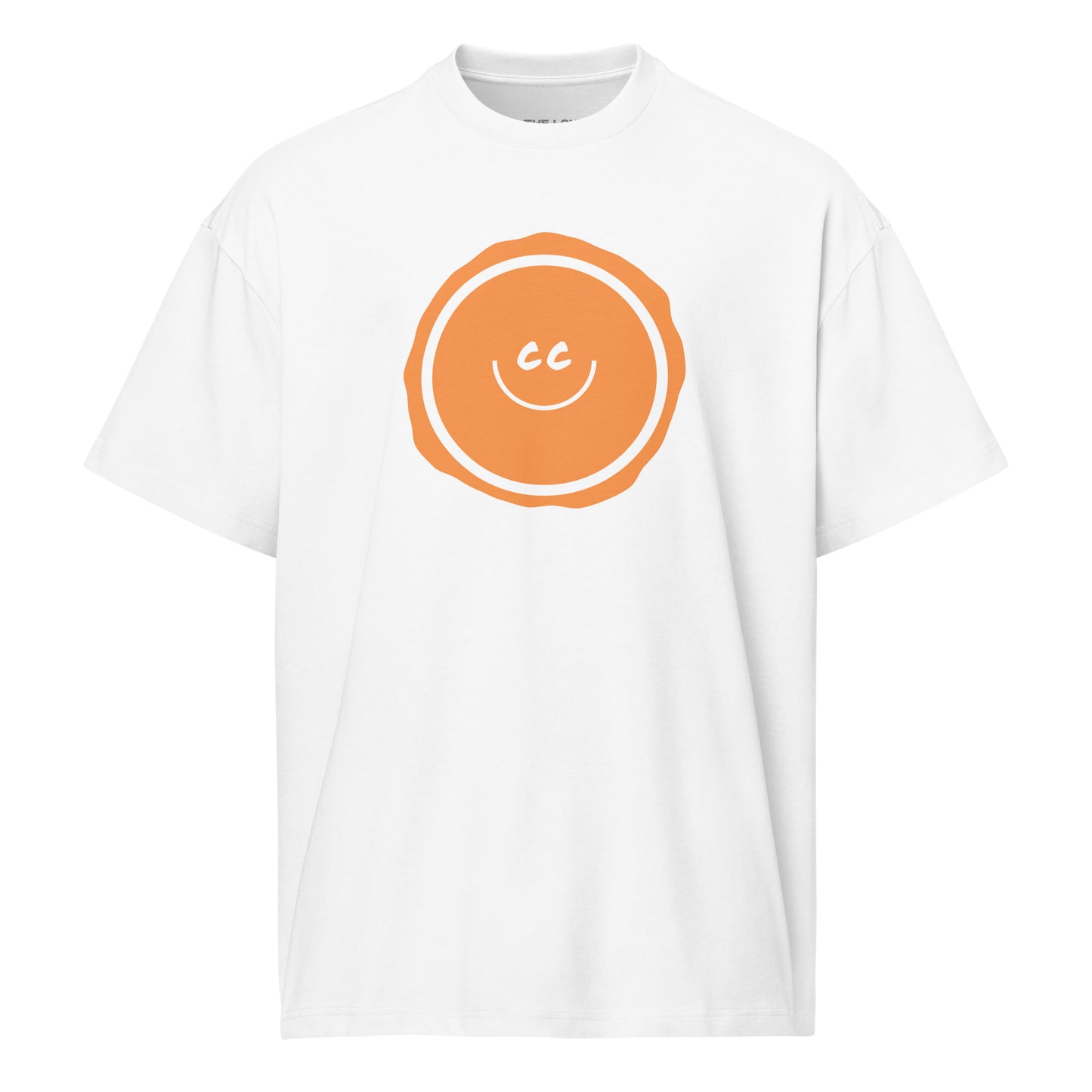 Orange Ocean heavyweight white relaxed t-shirt featuring the CC smile design with an imperfect circle background.