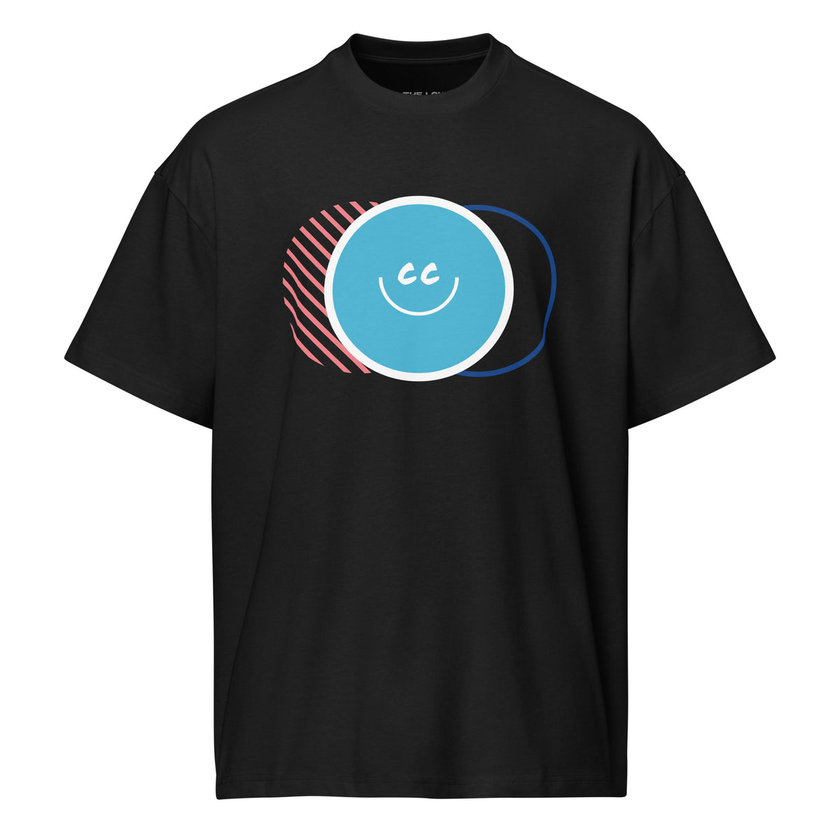 Retro Nostalgia black oversized t-shirt featuring a 90s-inspired triple overlapping circle graphic in a streetwear style.