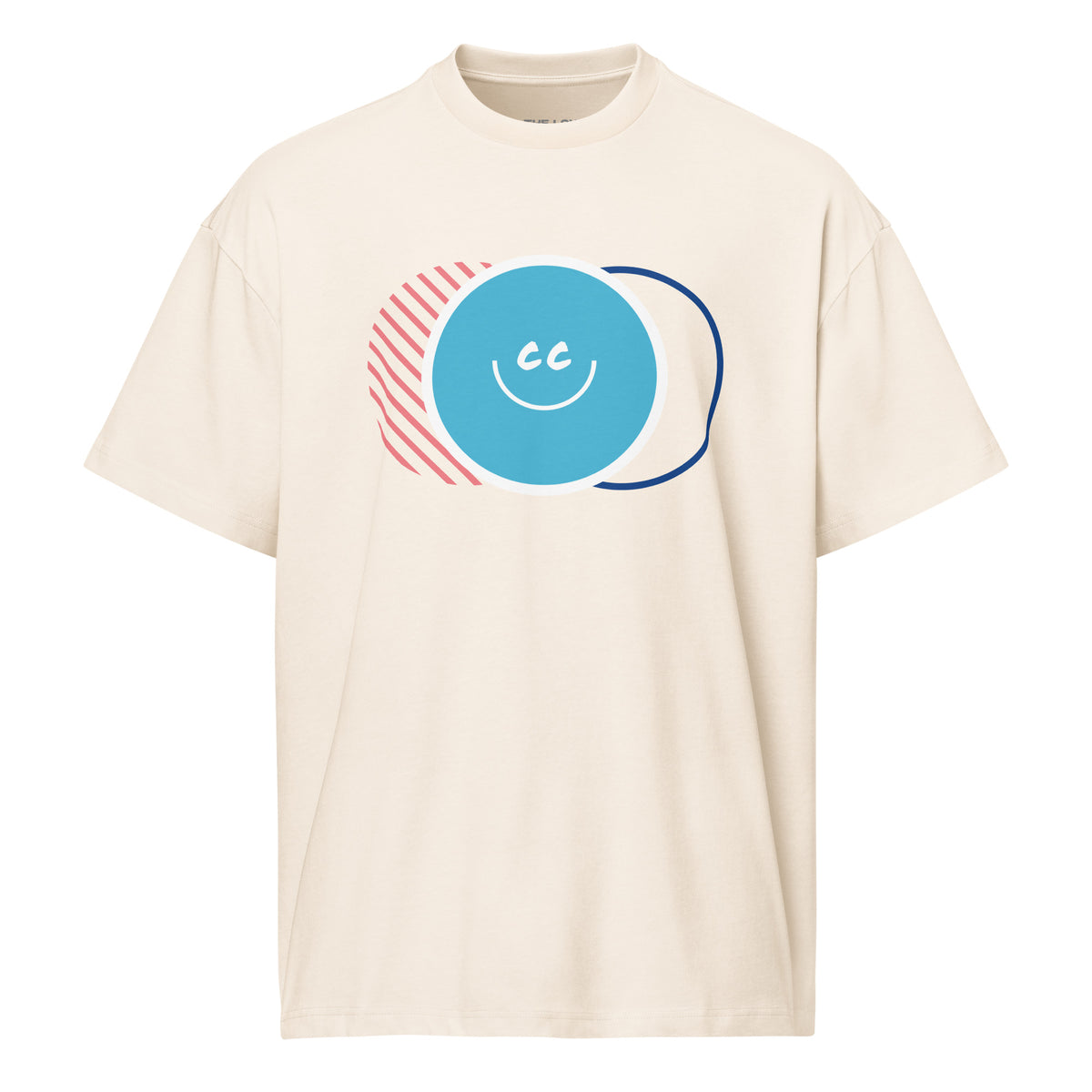 Retro Nostalgia vintage white oversized t-shirt featuring a 90s-inspired triple overlapping circle graphic in a streetwear style.