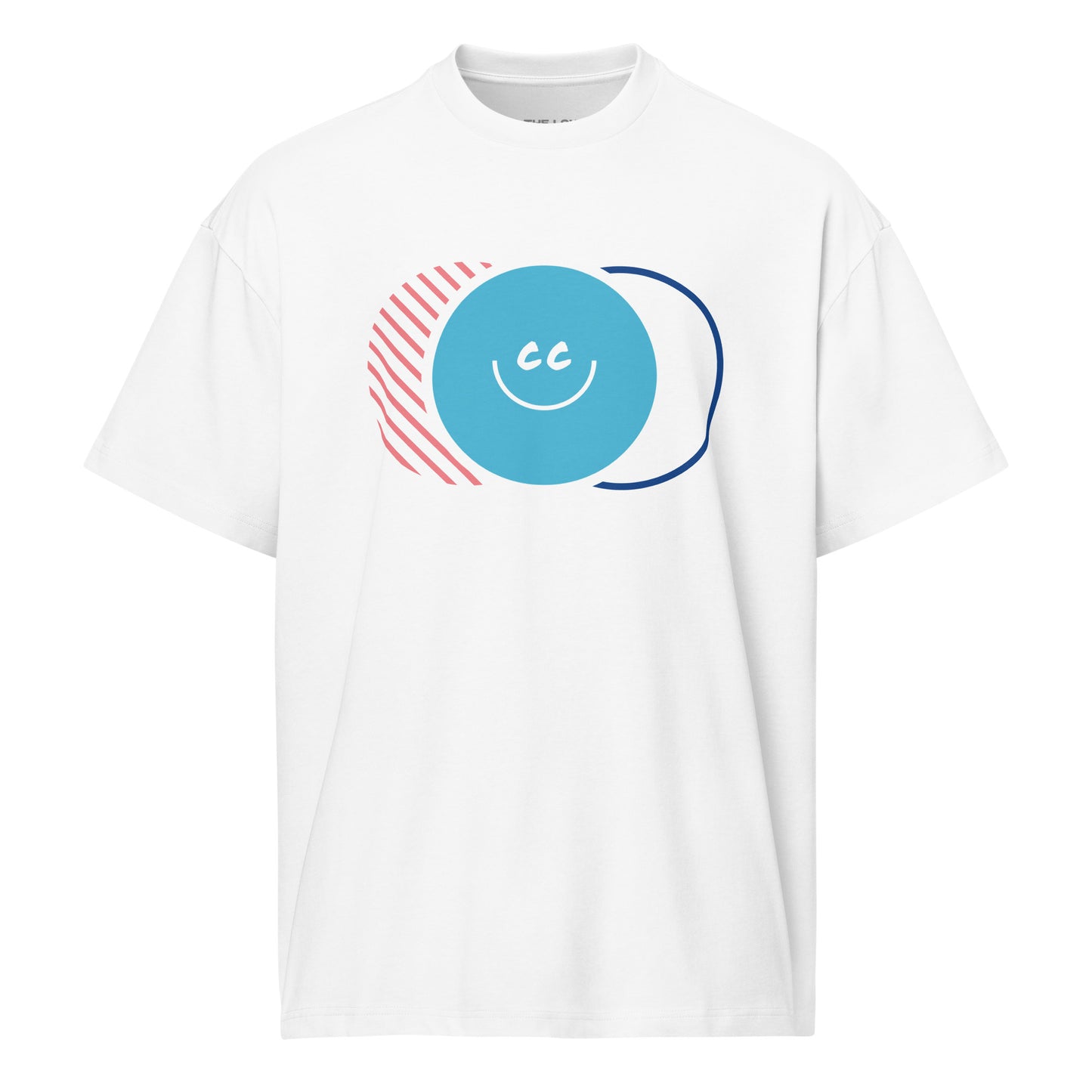 Retro Nostalgia white oversized t-shirt featuring a 90s-inspired triple overlapping circle graphic in a streetwear style.