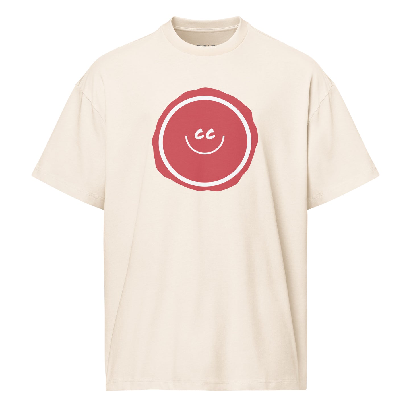 Rusty Red heavyweight vintage white relaxed t-shirt featuring the CC smile design with an imperfect circle background.