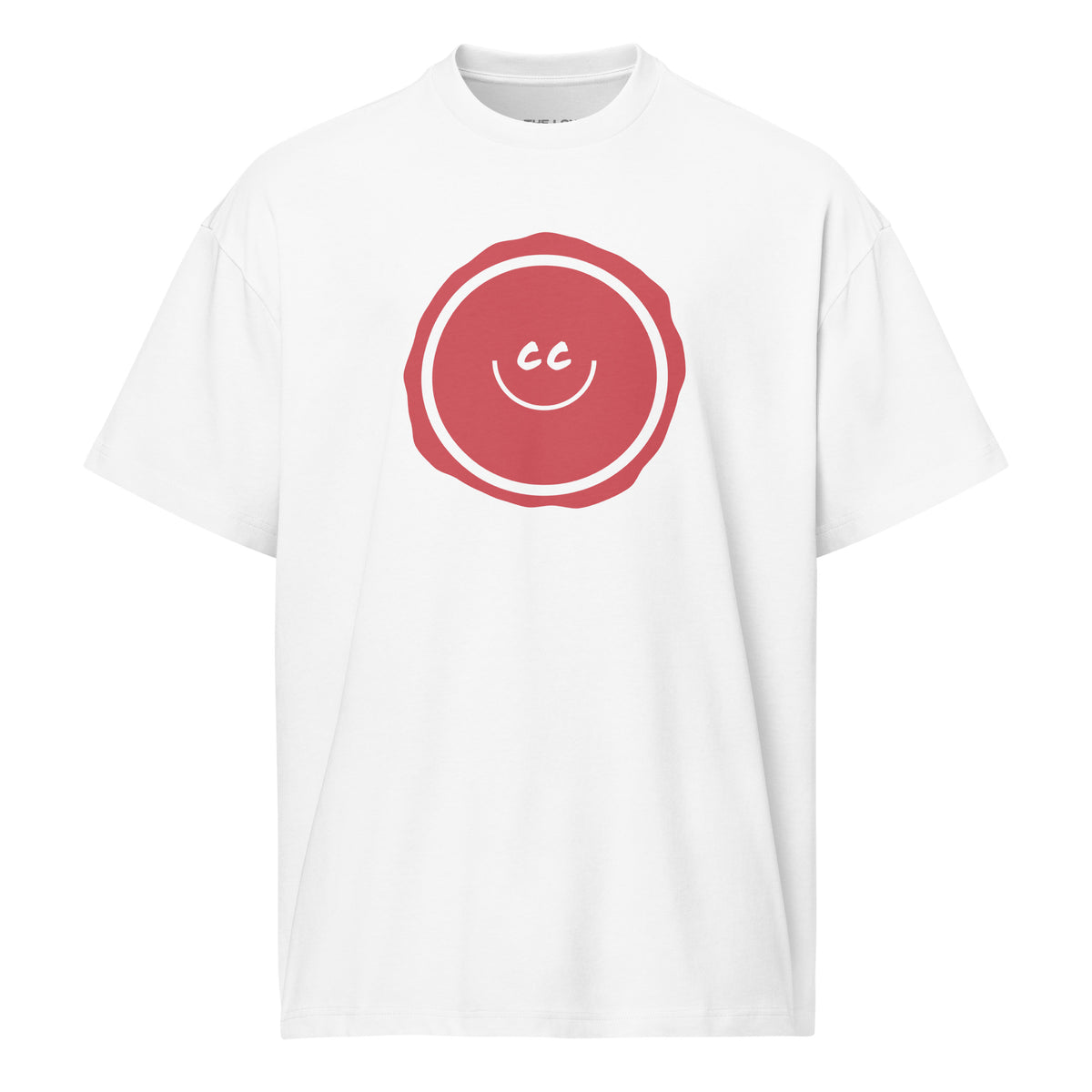 Rusty Red heavyweight white relaxed t-shirt featuring the CC smile design with an imperfect circle background.