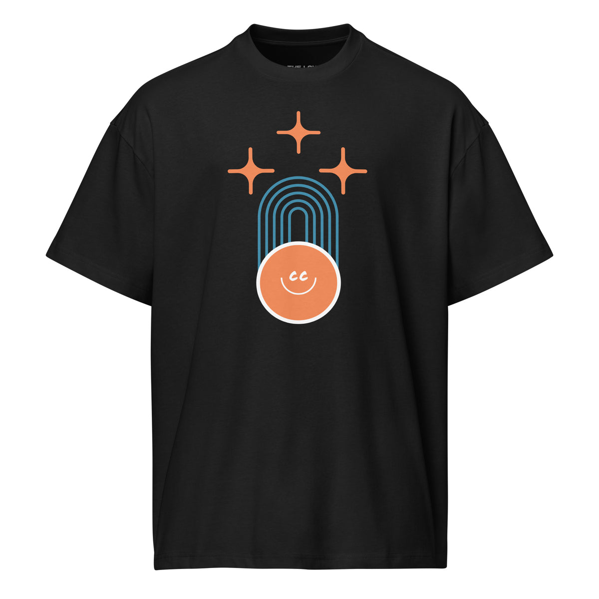 Shared Heritage tee in black, featuring geometric parallel lines, stars above, and the CC smile at the base.