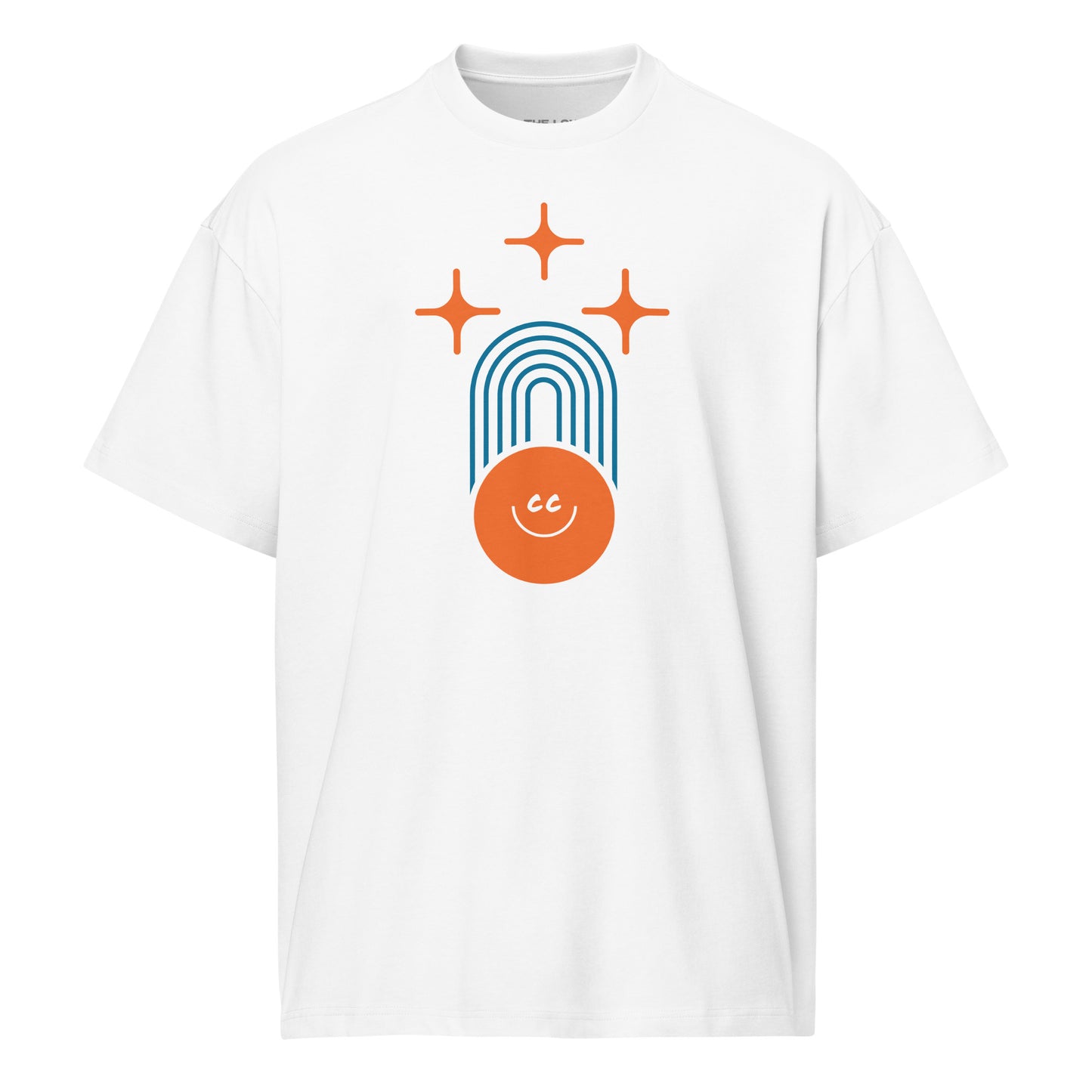 Shared Heritage tee in white, featuring geometric parallel lines, stars above, and the CC smile at the base.