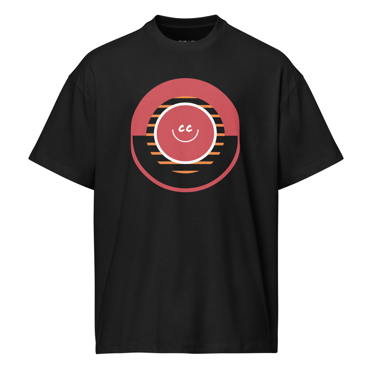 Vallarta Sunset black relaxed tee featuring a geometric design inspired by a sunset over the horizon with the CC smile overlay.