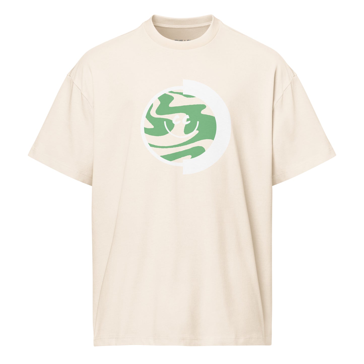 World Planet vintage white oversized t-shirt featuring a stylized planet graphic with squiggly lines and the signature CC smile.