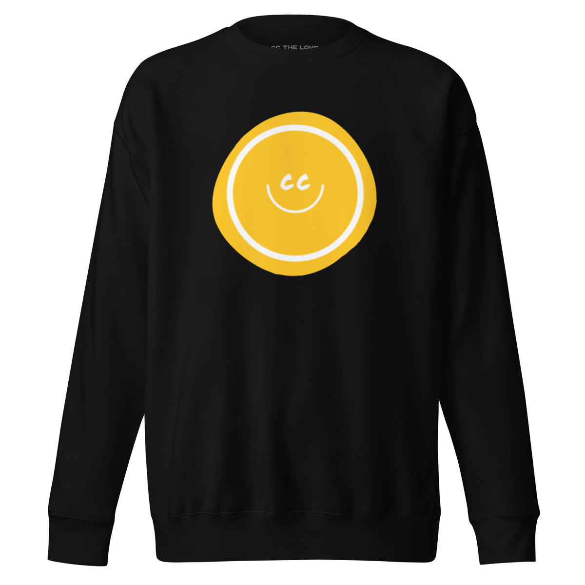 Yellow Hello premium heavyweight black sweatshirt featuring an artistic wonky yellow circle behind the CC smile.