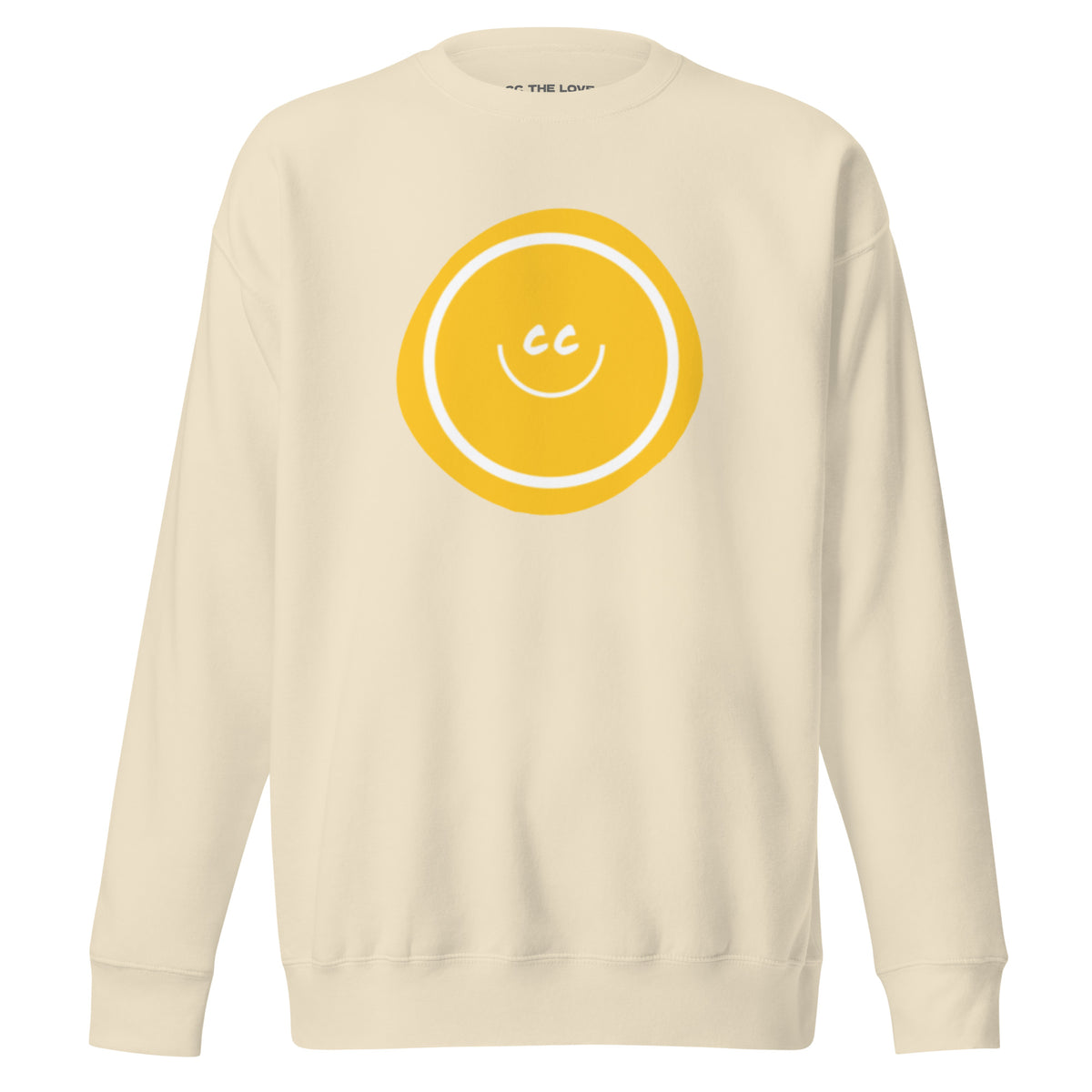 Yellow Hello premium heavyweight bone sweatshirt featuring an artistic wonky yellow circle behind the CC smile.