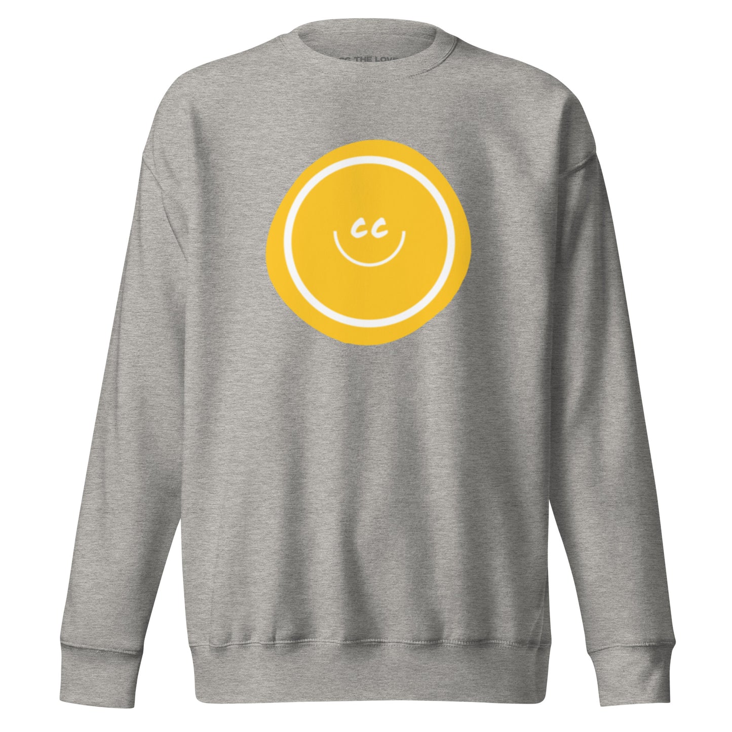 Yellow Hello premium heavyweight carbon grey sweatshirt featuring an artistic wonky yellow circle behind the CC smile.