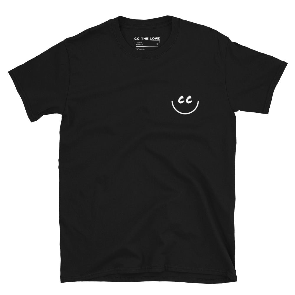 Black t-shirt with 'Smile' in white text, on heart