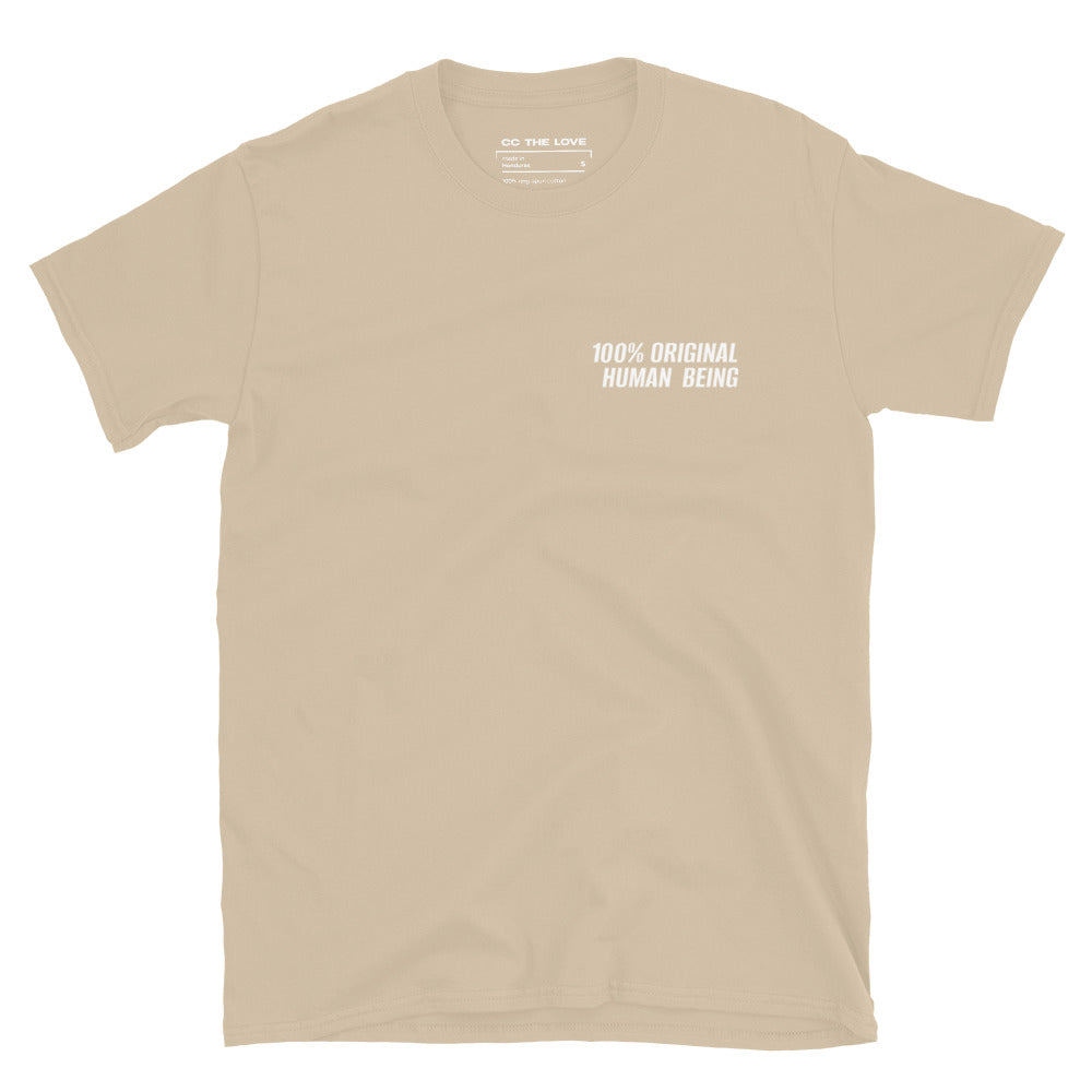 Sand t-shirt with '100% Original Human Being' in white text, minimalist design on chest.