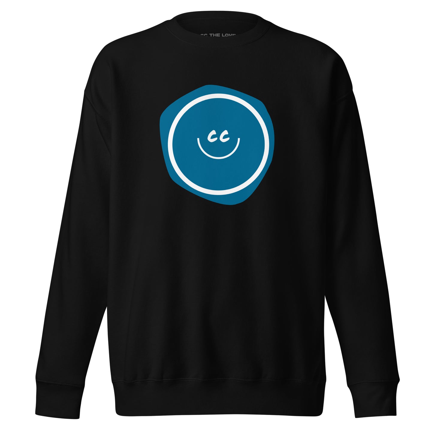 Actually Cerulean premium black sweatshirt featuring the CC smile over an imperfect cerulean blue blob.