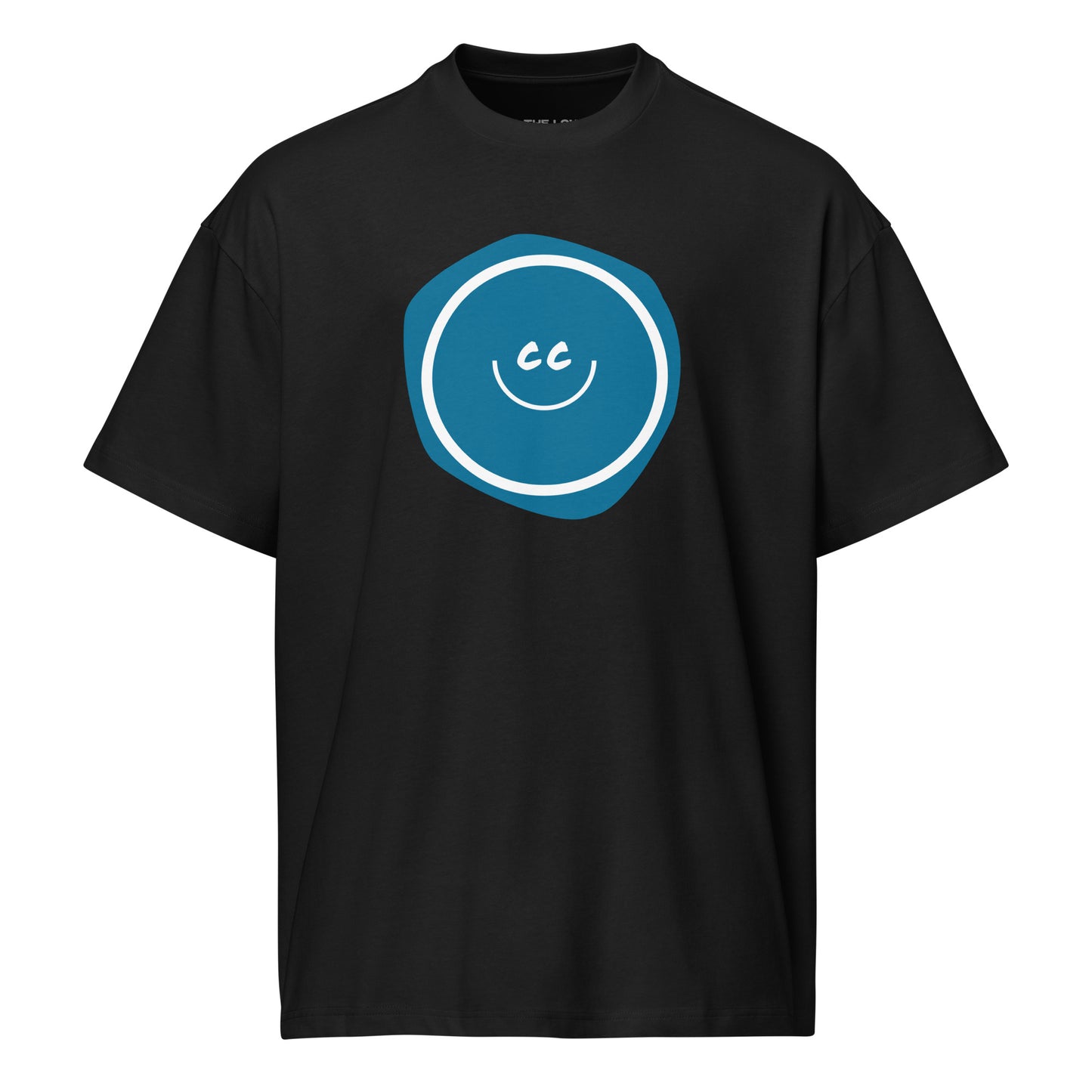 Actually Cerulean heavyweight black oversized tee featuring the CC smile over an imperfect cerulean blue blob.
