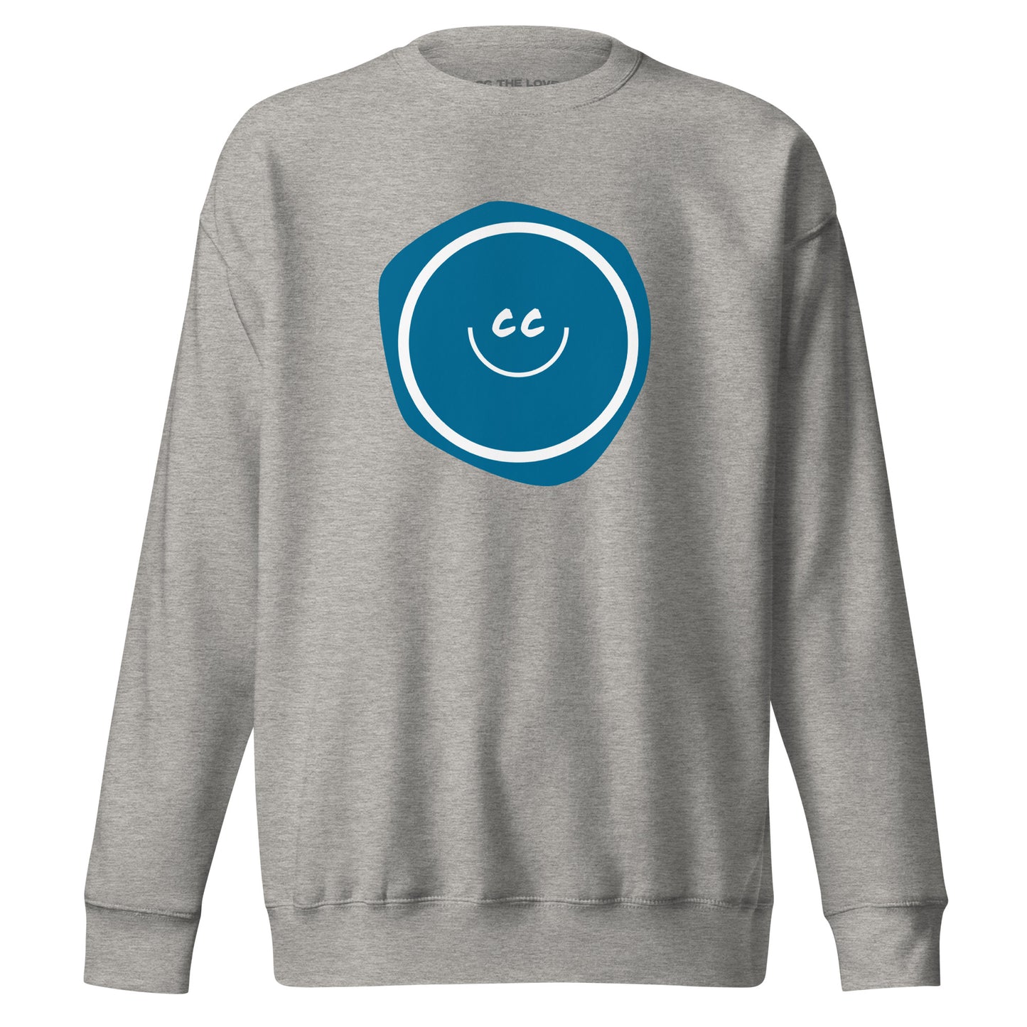 Actually Cerulean premium carbon grey sweatshirt featuring the CC smile over an imperfect cerulean blue blob.