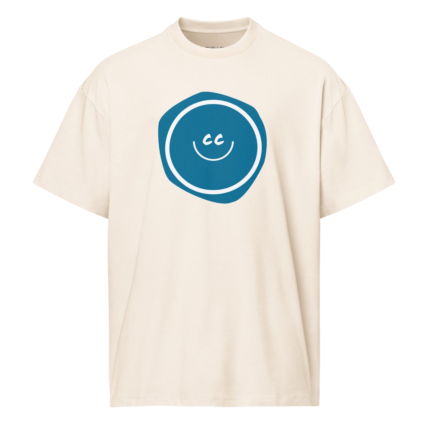 Actually Cerulean heavyweight vintage white oversized tee featuring the CC smile over an imperfect cerulean blue blob.