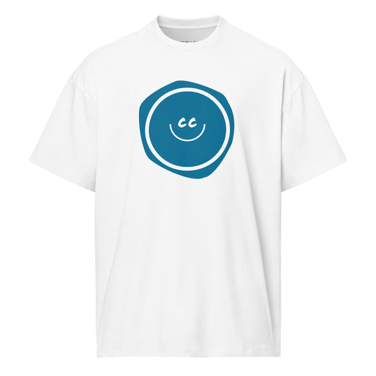 Actually Cerulean heavyweight white oversized tee featuring the CC smile over an imperfect cerulean blue blob.