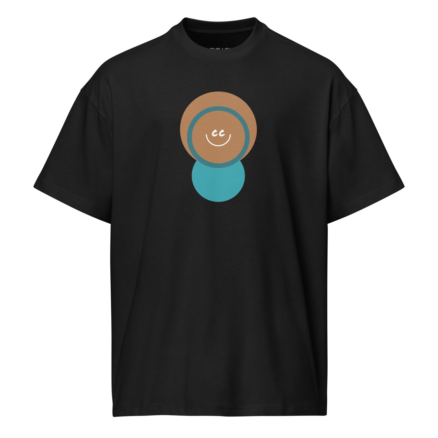 Childlike Wonder black oversized t-shirt featuring a childlike character with a large head and the CC smile inside.