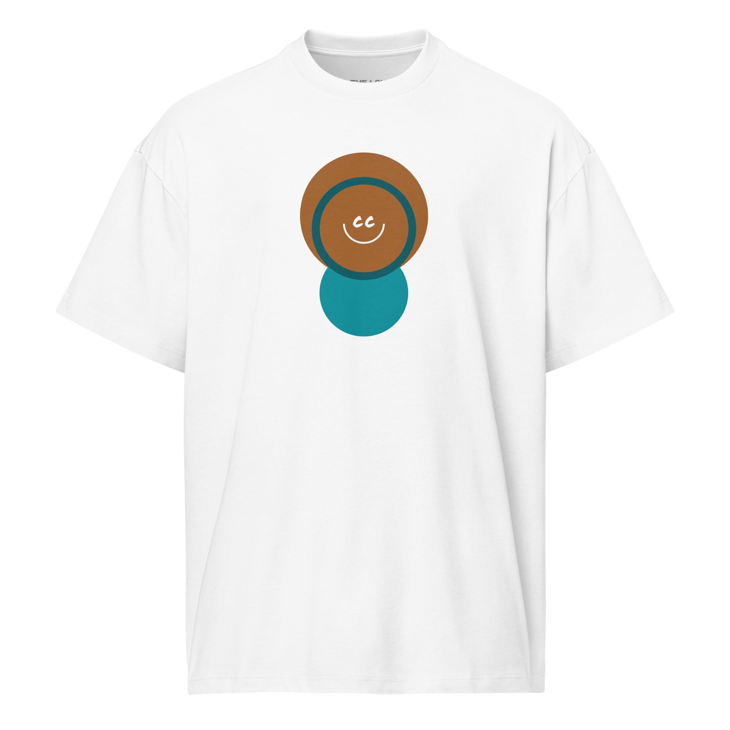Childlike Wonder white oversized t-shirt featuring a childlike character with a large head and the CC smile inside.