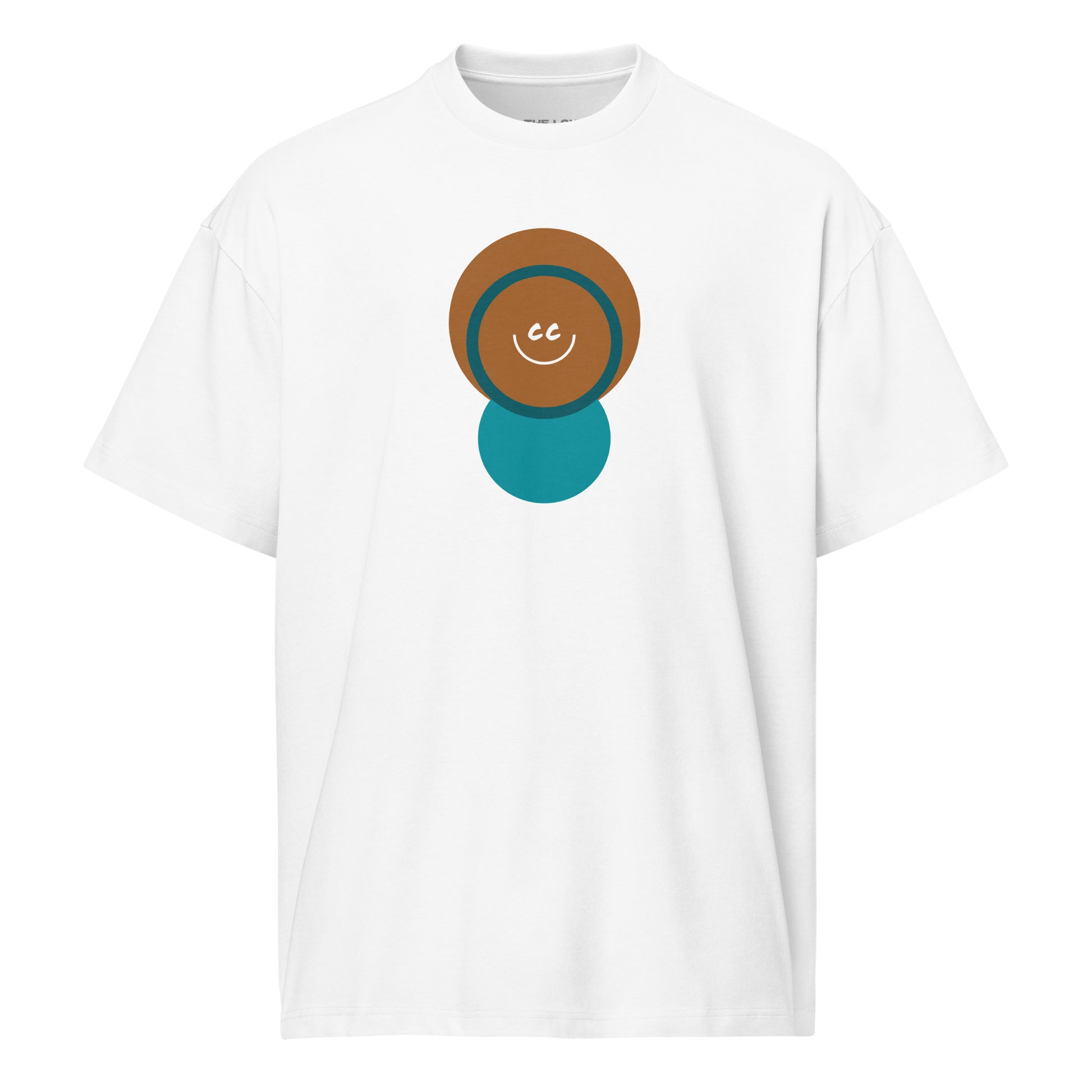 Childlike Wonder white oversized t-shirt featuring a childlike character with a large head and the CC smile inside.