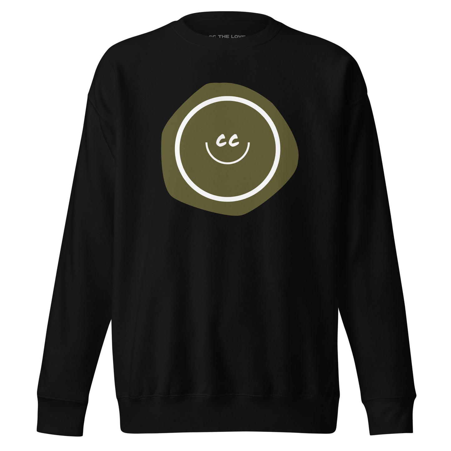 Grouchy Green premium black sweatshirt featuring an earthy green imperfect shape behind the CC smile.