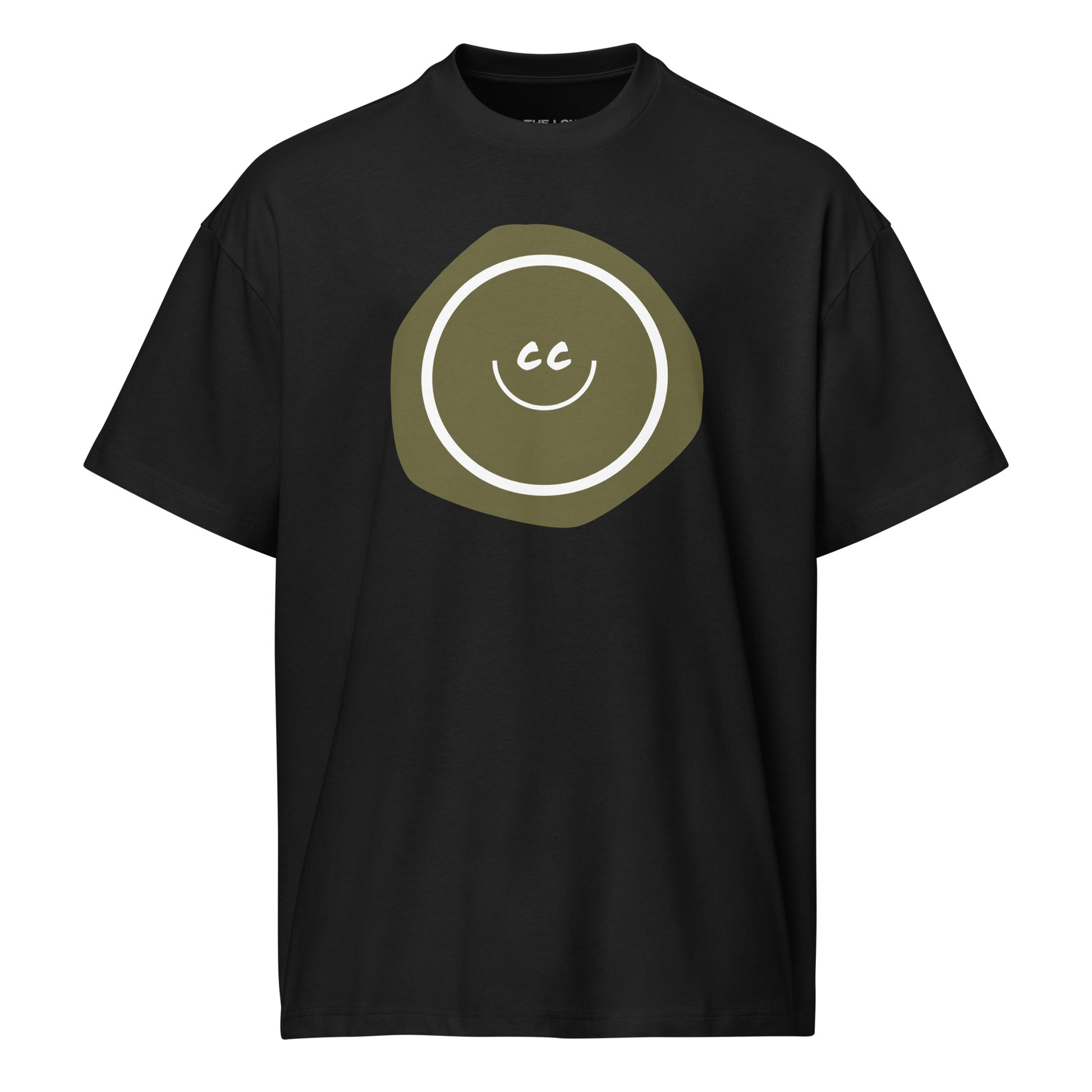 Grouchy Green oversized tee in black, featuring an earthy green imperfect shape behind the CC smile.