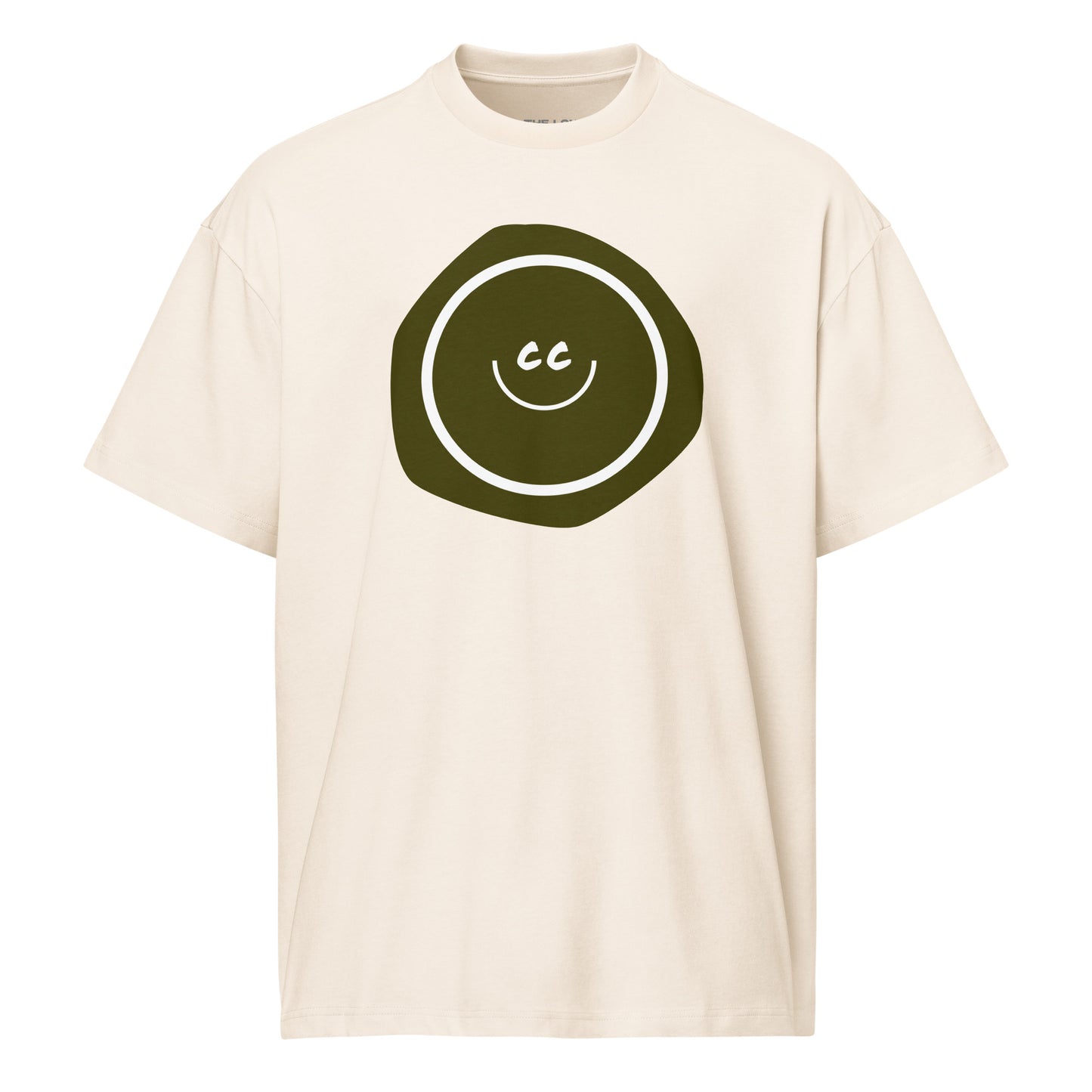 Grouchy Green oversized tee in vintage white, featuring an earthy green imperfect shape behind the CC smile.