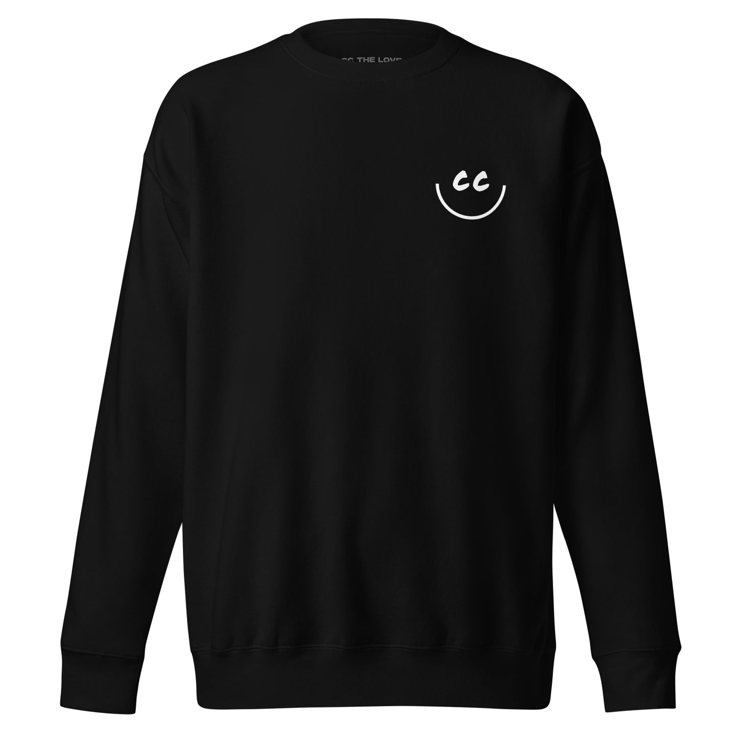 Less Obvious black sweatshirt with a minimalist CC smile design located on the left chest pocket area.