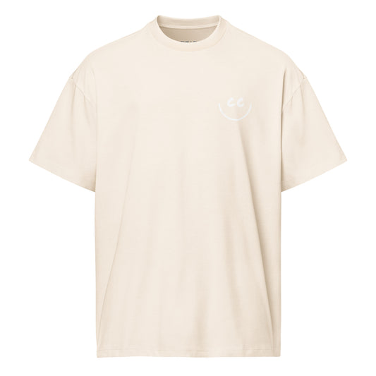 Less Obvious vintage white relaxed t-shirt with a minimalist CC smile design located on the left chest pocket area.