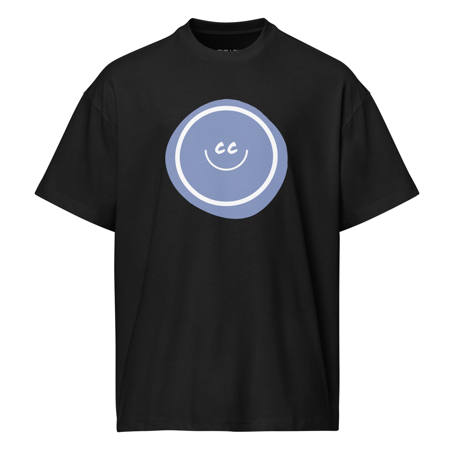 Lilac Hello heavyweight black oversized tee featuring an artistic wonky French lilac circle behind the CC smile.