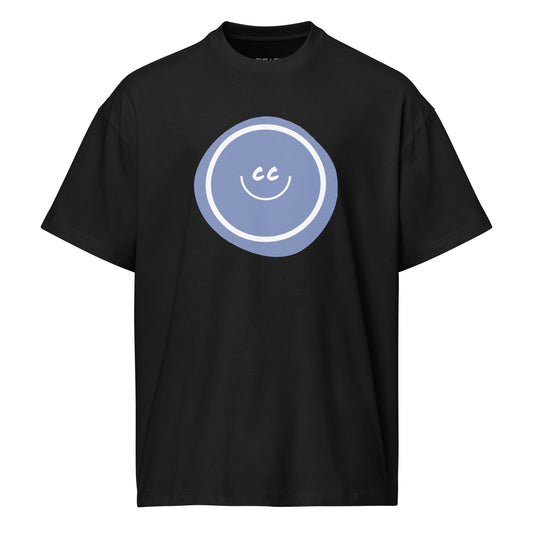 Lilac Hello heavyweight black oversized tee featuring an artistic wonky French lilac circle behind the CC smile.