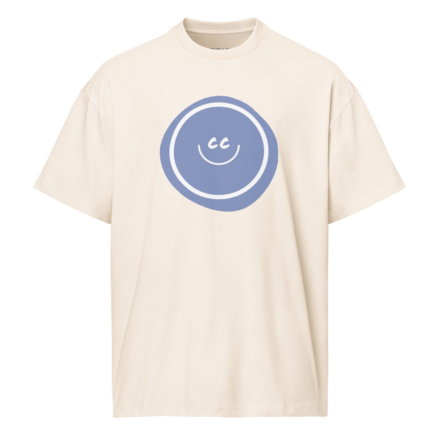 Lilac Hello heavyweight vintage white oversized tee featuring an artistic wonky French lilac circle behind the CC smile.
