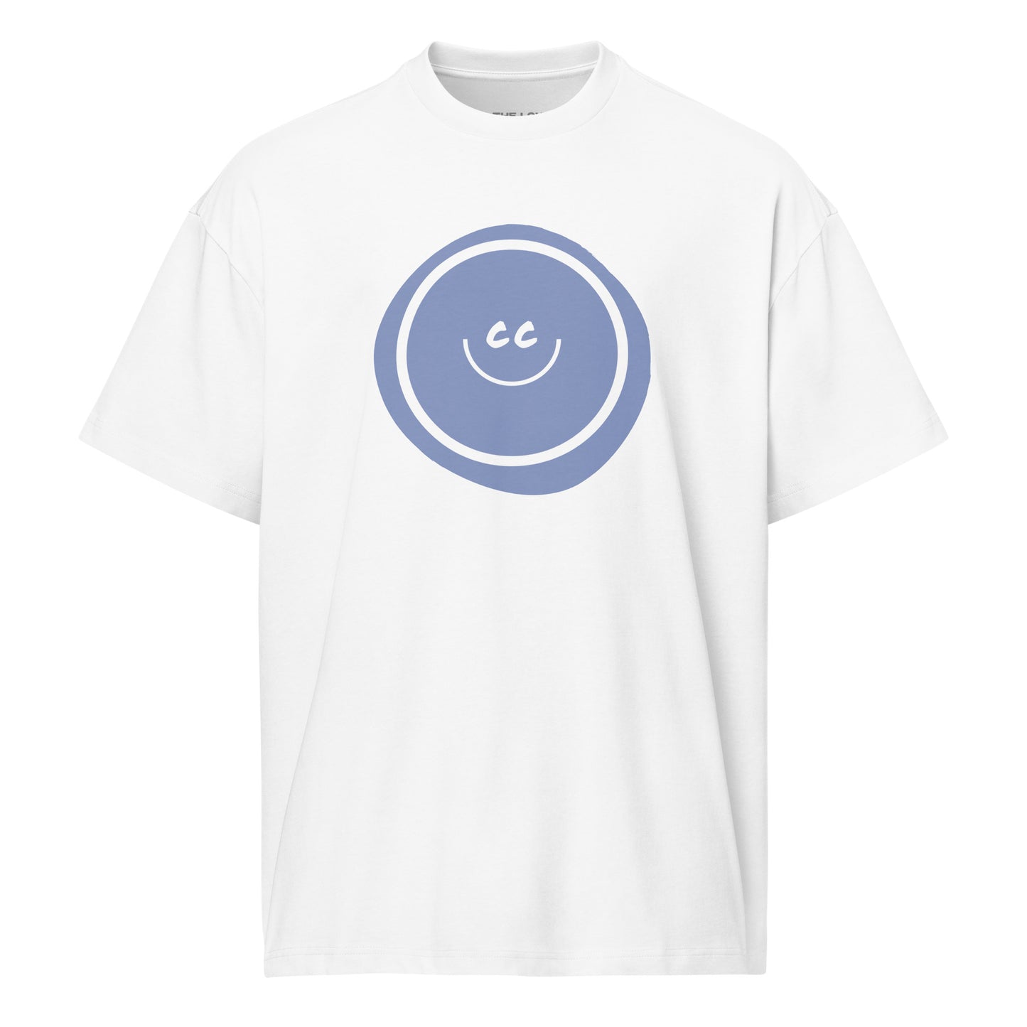 Lilac Hello heavyweight white oversized tee featuring an artistic wonky French lilac circle behind the CC smile.