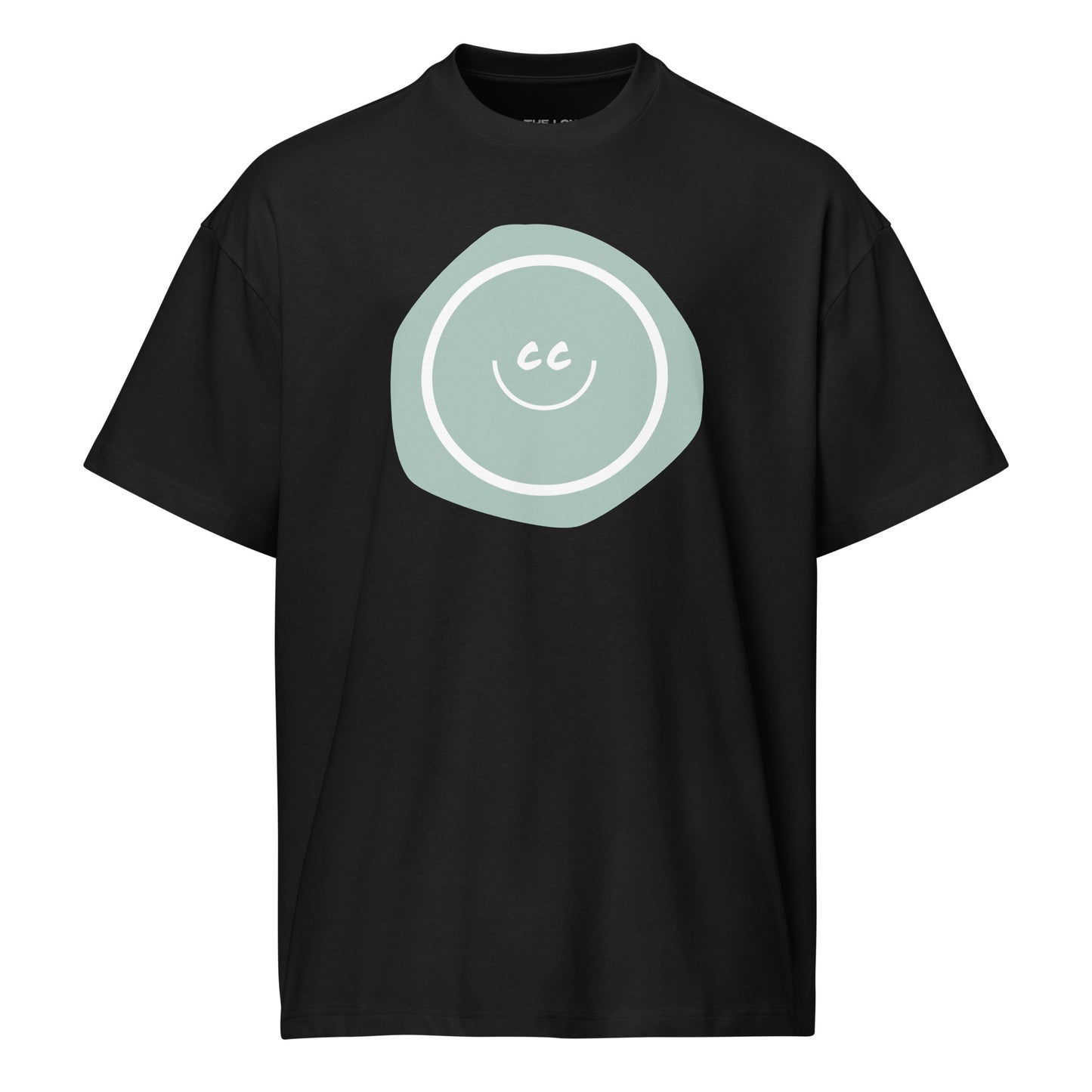 Noble Opal tee in black, featuring an opal imperfect shape behind the CC smile.