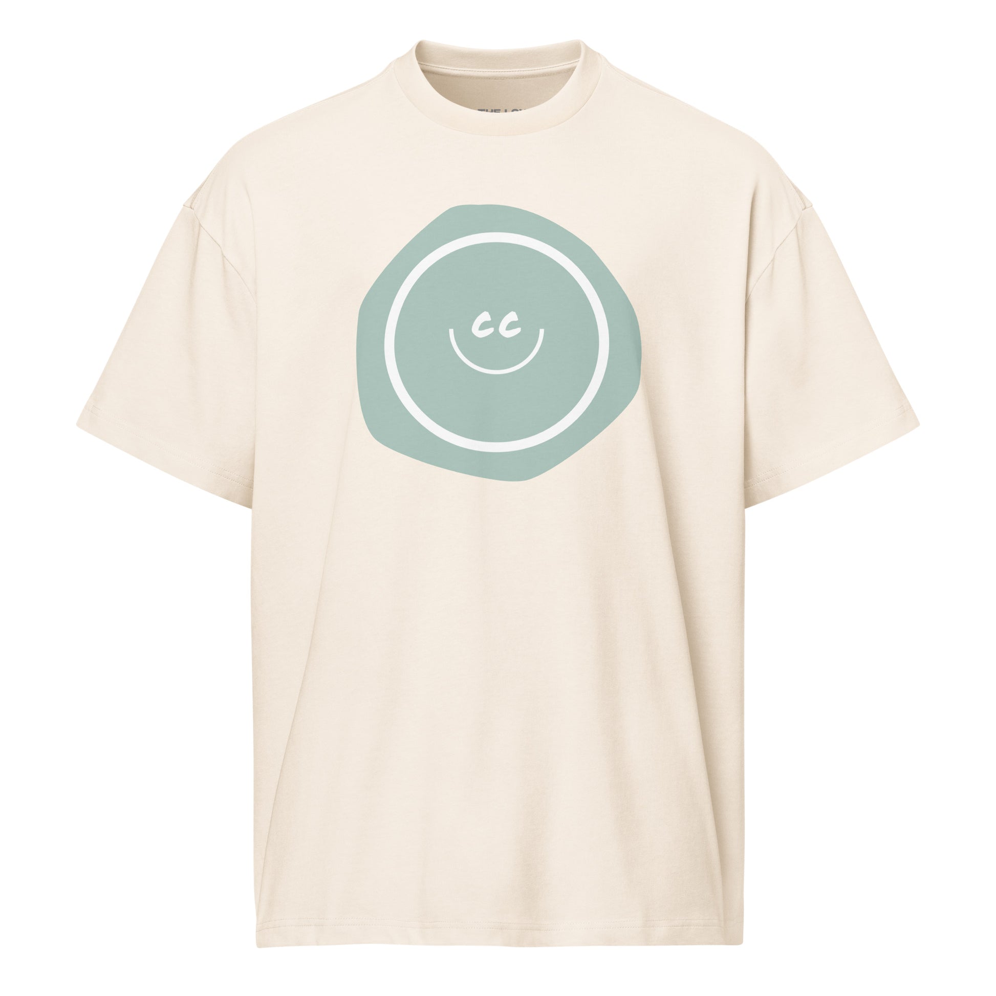 Noble Opal tee in vintage white, featuring an opal imperfect shape behind the CC smile.