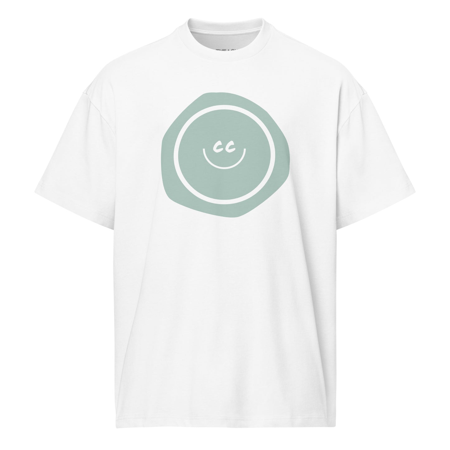 Noble Opal tee in white, featuring an opal imperfect shape behind the CC smile.