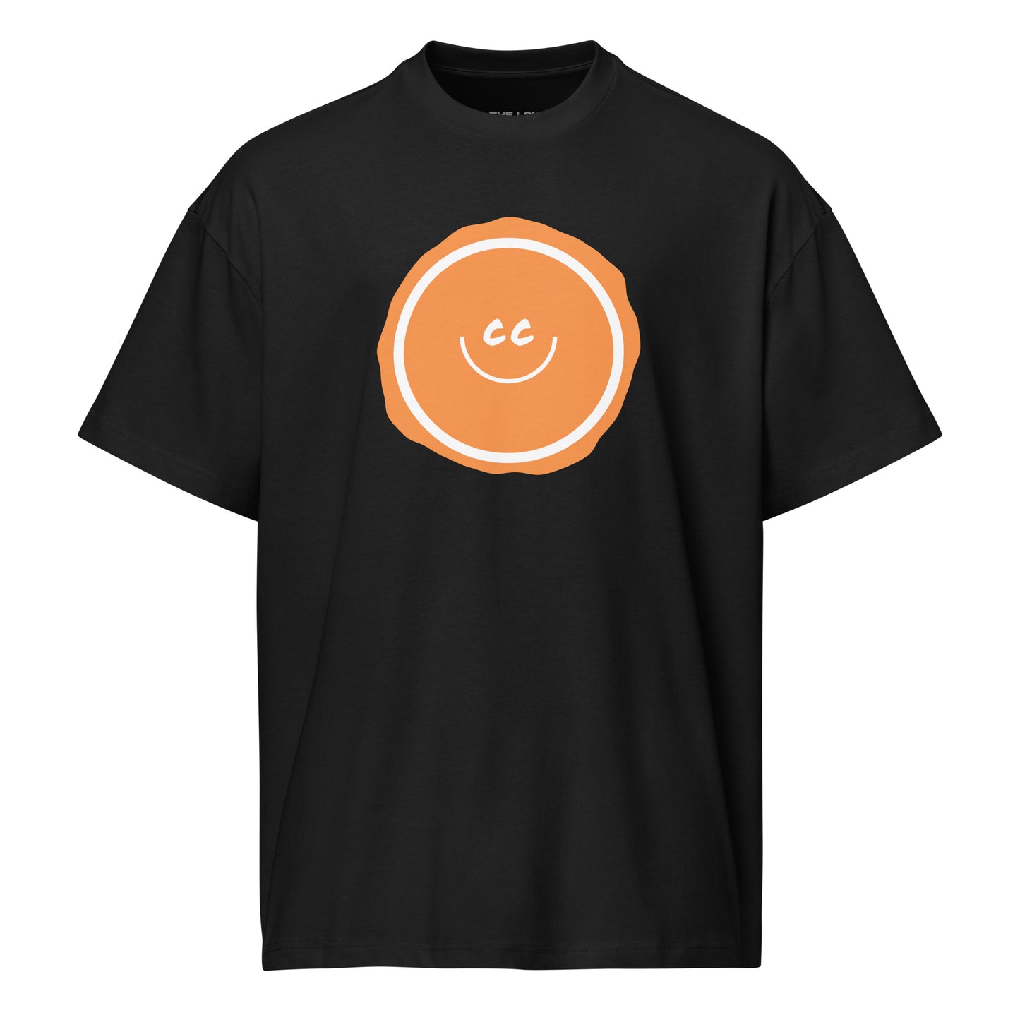 Orange Ocean heavyweight black relaxed t-shirt featuring the CC smile design with an imperfect circle background.