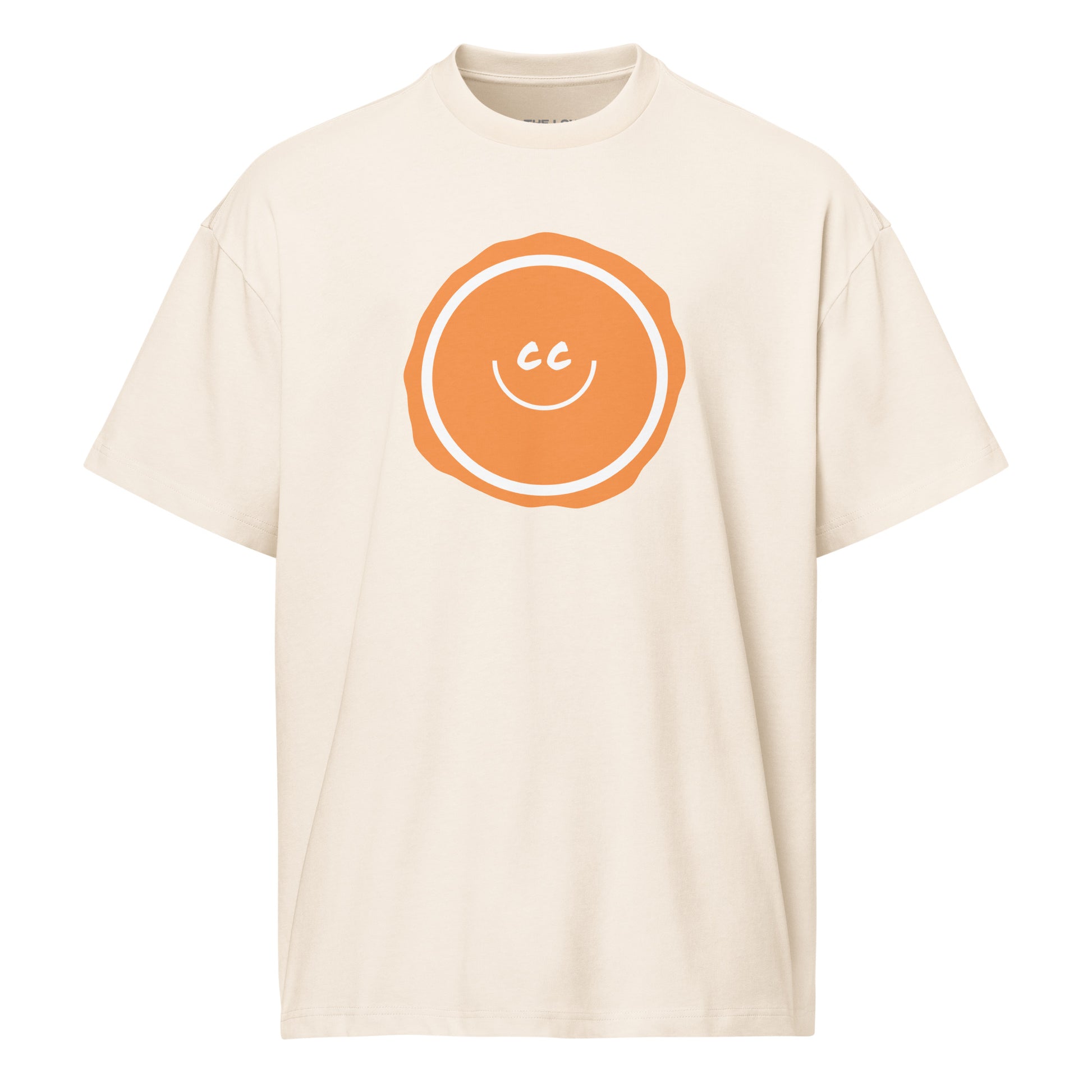 Orange Ocean heavyweight vintage white relaxed t-shirt featuring the CC smile design with an imperfect circle background.