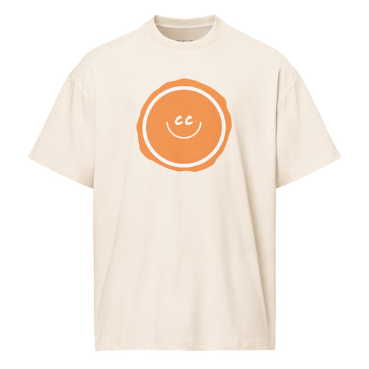 Orange Ocean heavyweight vintage white relaxed t-shirt featuring the CC smile design with an imperfect circle background.
