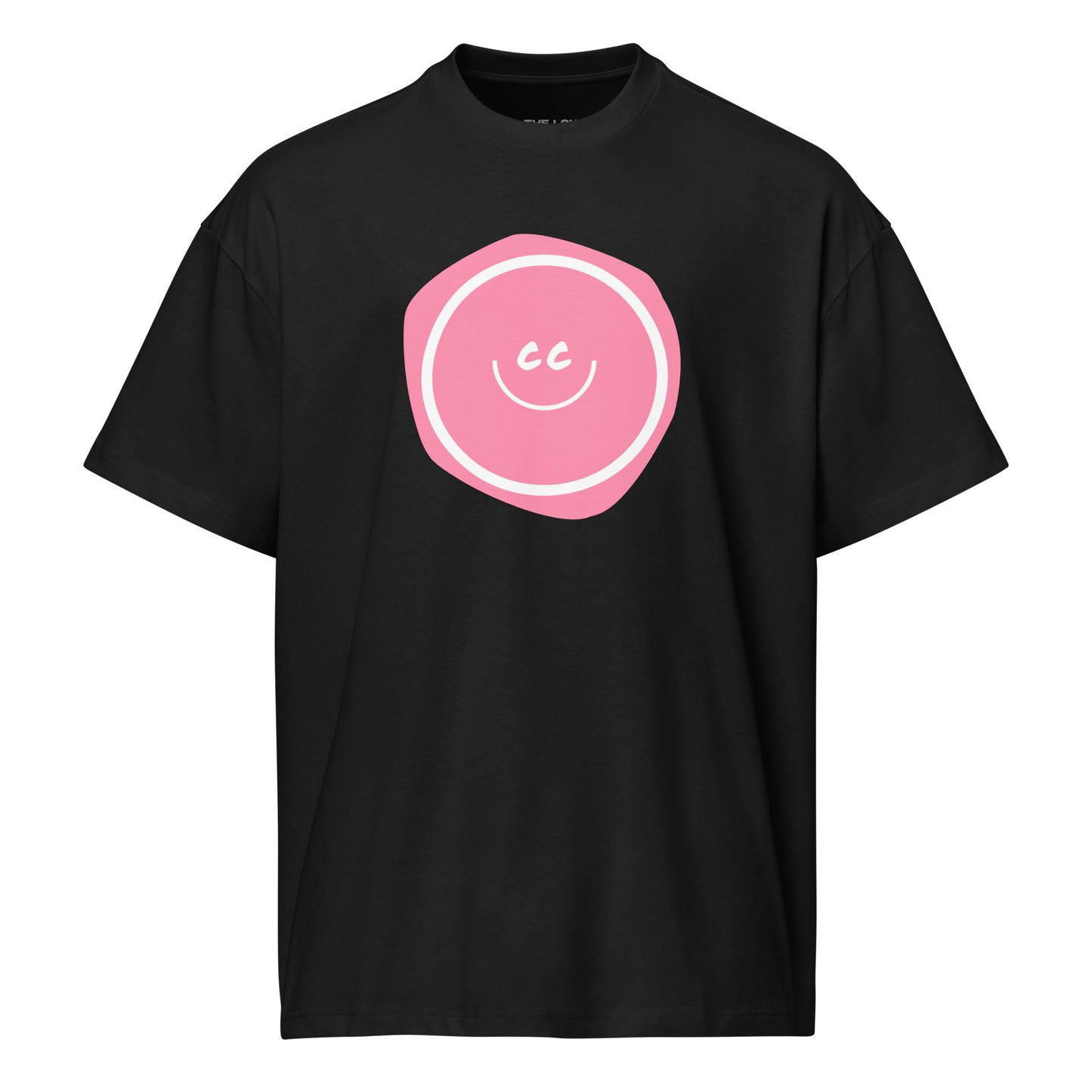Pink Wednesdays black oversized tee featuring the CC smile over an imperfect pink blob.