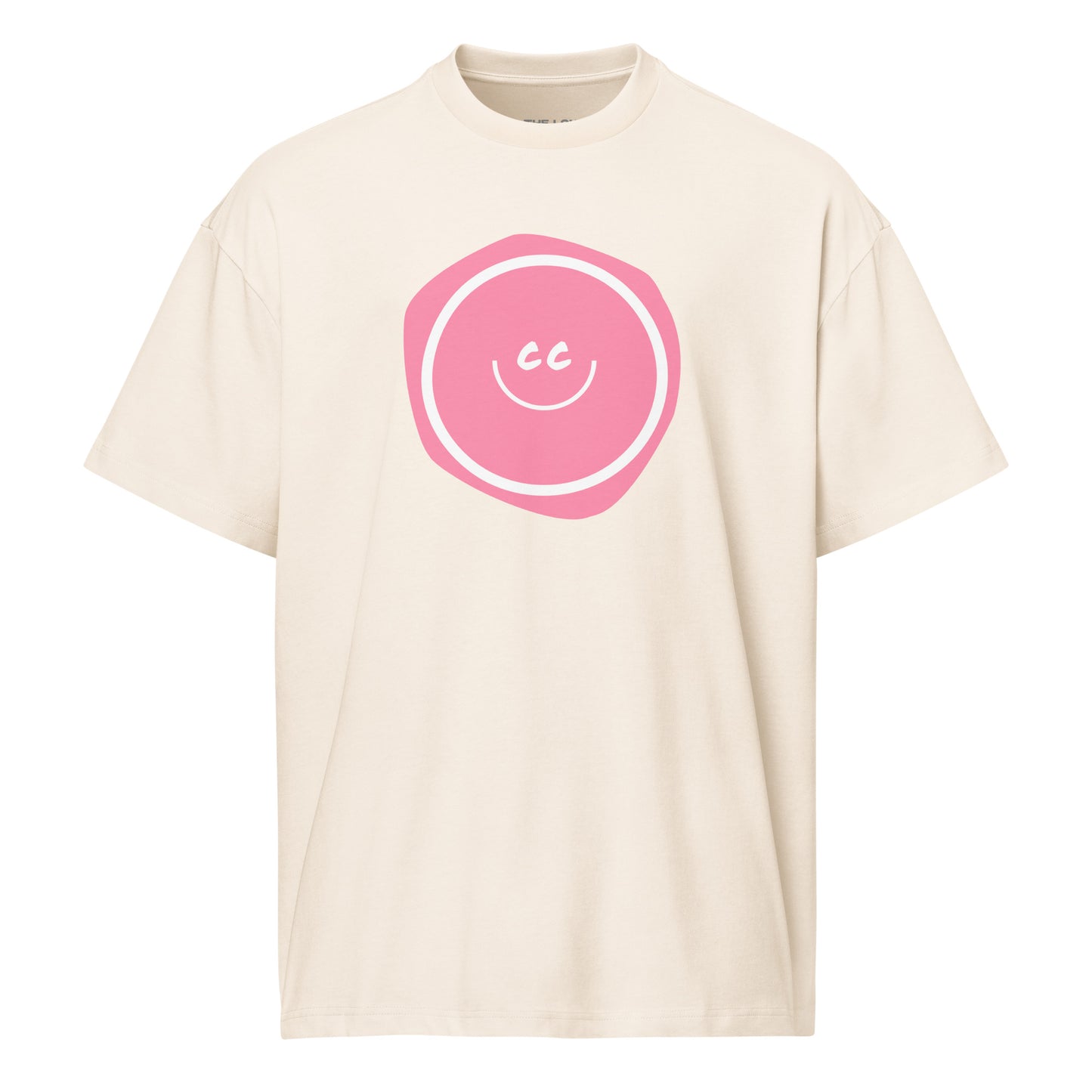 Pink Wednesdays vintage white oversized tee featuring the CC smile over an imperfect pink blob.