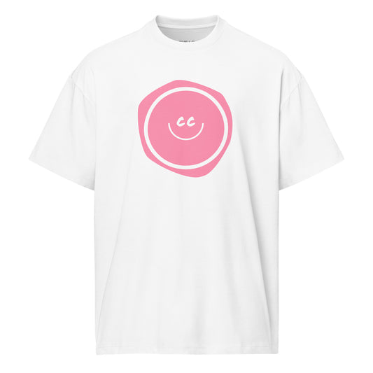 Pink Wednesdays white oversized tee featuring the CC smile over an imperfect pink blob.