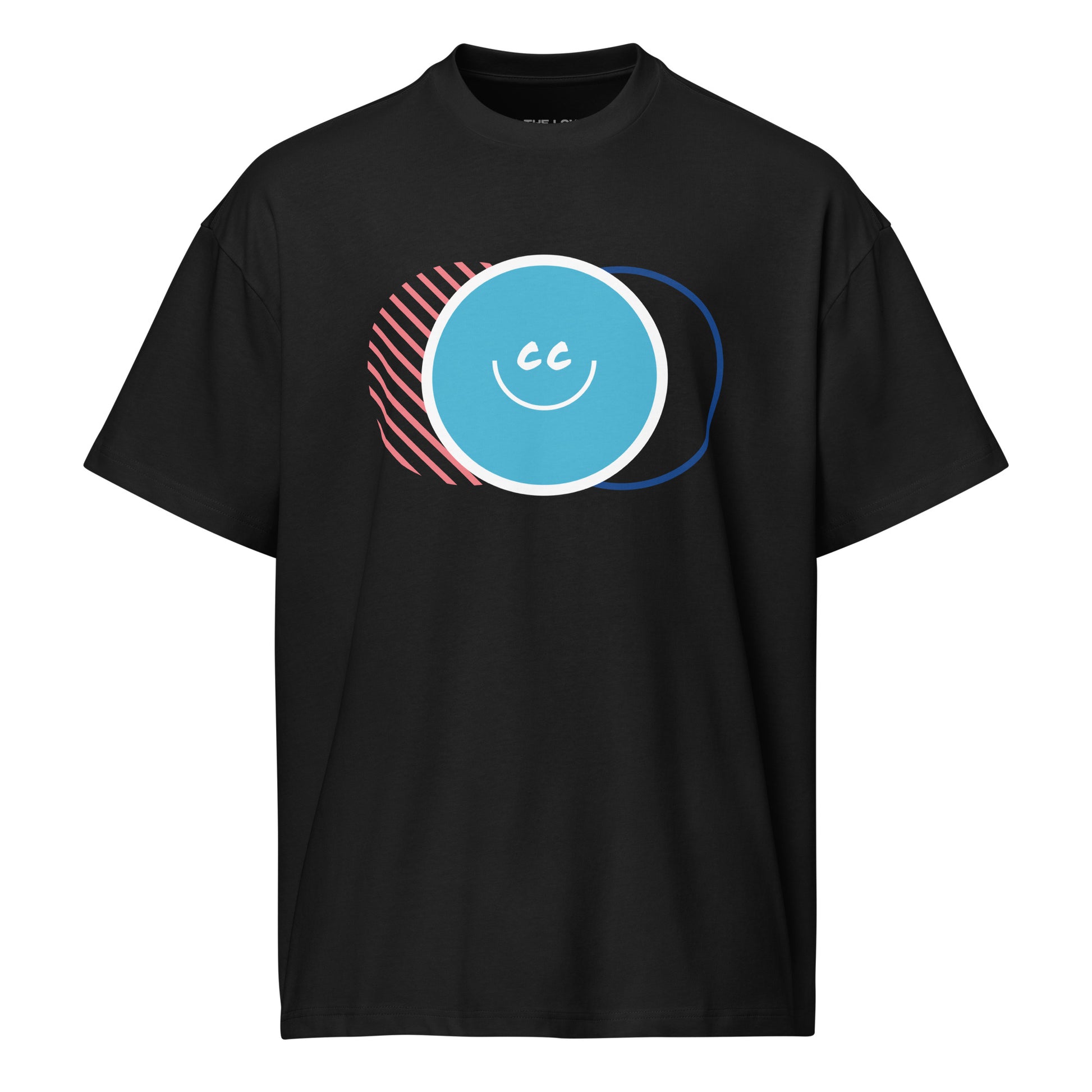 Retro Nostalgia black oversized t-shirt featuring a 90s-inspired triple overlapping circle graphic in a streetwear style.