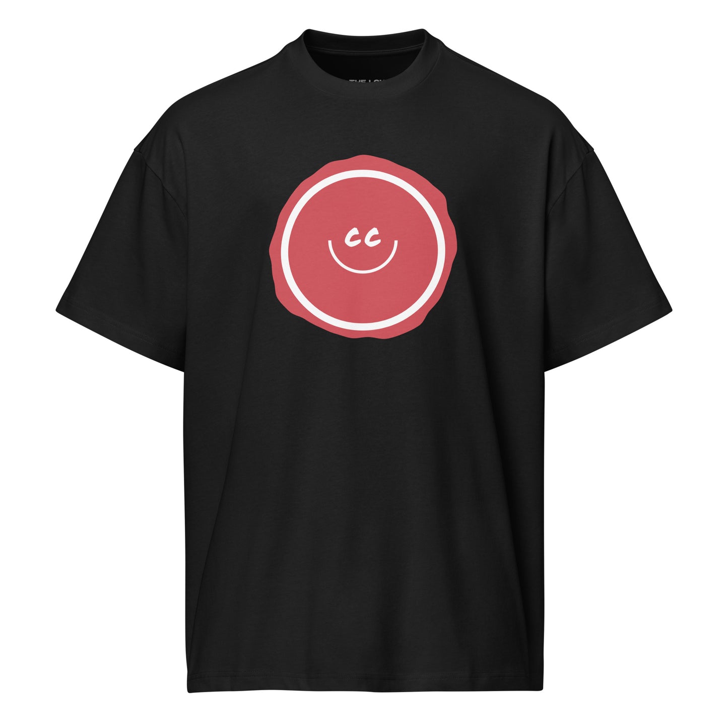Rusty Red heavyweight black relaxed t-shirt featuring the CC smile design with an imperfect circle background.